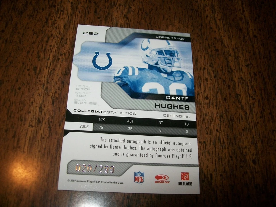 2007 LEAF LIMITED RC DANTE HUGHES AUTO SIGNED #282 #D/299 INDIANAPOLIS COLTS - Image 2 of 2
