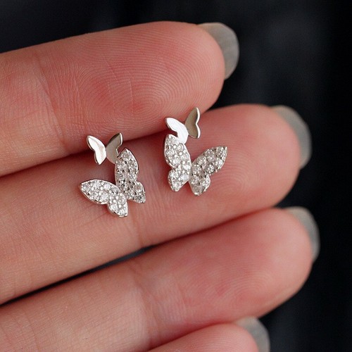 Fashion Women 925 Sterling Silver Jewelry Earrings Crystal Simple Butterfly Stud - Picture 3 of 6