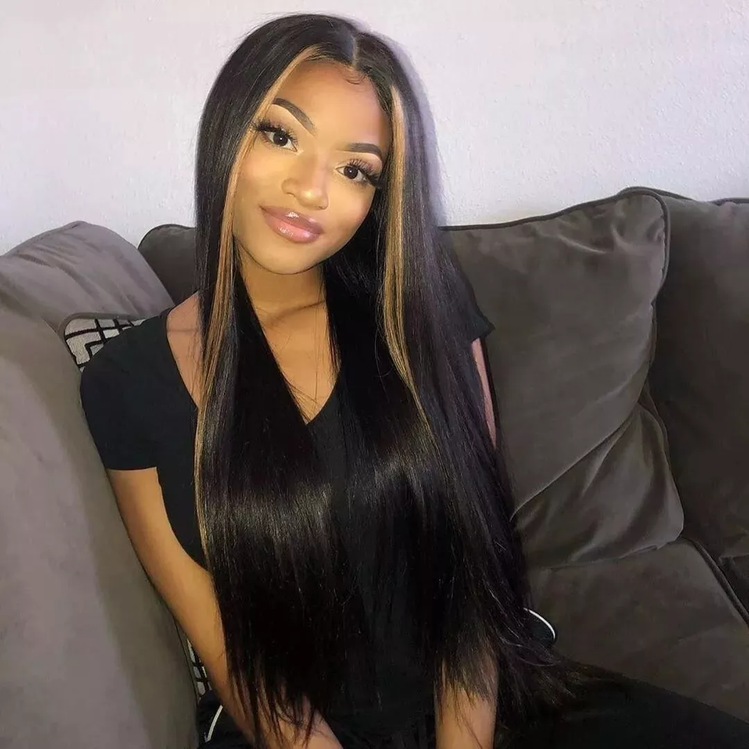 Side Part Straight Black Hair with Blonde Highlights Lace Front