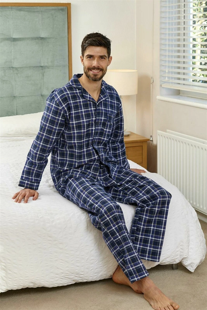Mens Champion Brushed Cotton Thermal Blue Check Warm Pyjamas S-3XL