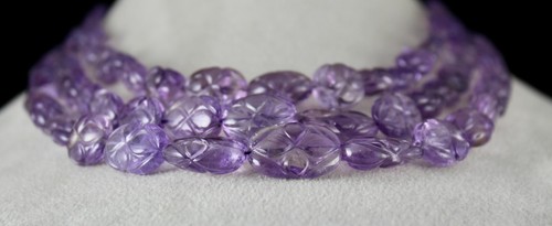 Amethyst Beads Carved Oval 3 Line 754 Carats Natural Gemstone Antique Necklace - Picture 6 of 10