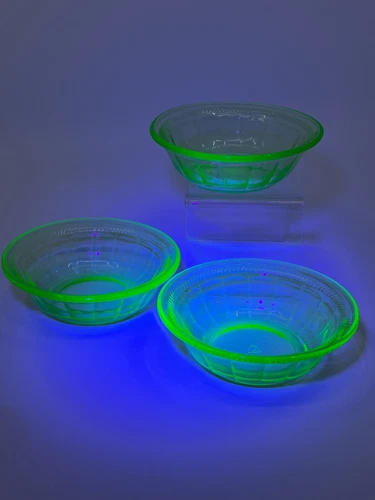 Set of 3 FEDERAL Green Vaseline Depression Glass Colonial Fluted Berry Bowls VTG