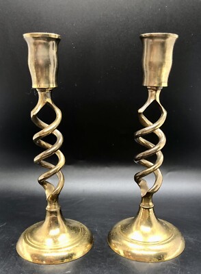 Pair Brass Spiral Candlesticks Open Barley Twists 8  India ( D1)