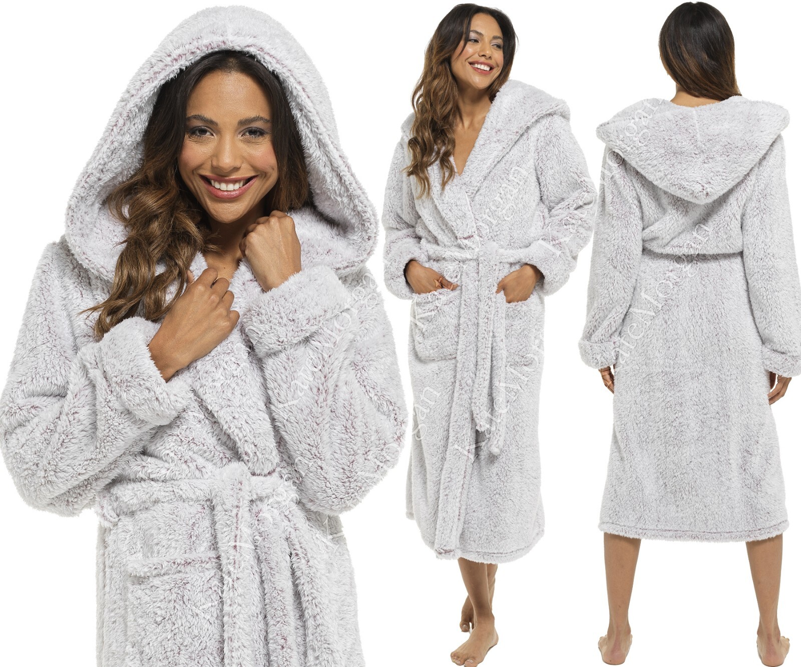 LADIES DRESSING GOWN SOFT & COSY SHIMMER SNUGGLE HOODED FLEECE ROBE ...