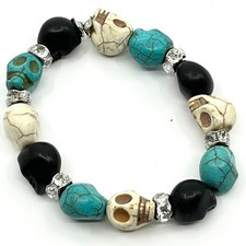 Vintage Y2K Goth Multi Color Carved Skull Stretch Bracelet Rhinestone Accents