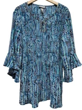 Catherines Top Women 1X Pleated Flowy Tunic 3/4 Flare Sleeve Beaded Blue