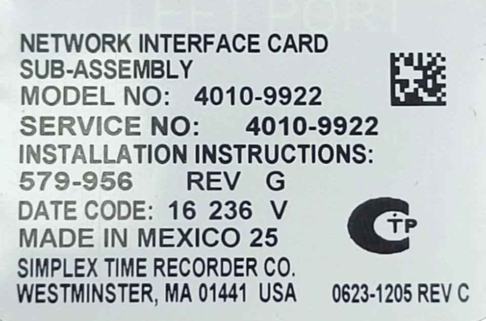 Simplex Time Record 4010-9922 Network Interface Card Fire Alarm Subassy 40109922 - Image 3 of 4