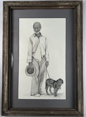 Thomas Alvin Outlaw Folk Art Pencil Drawing Man with Dog 31x22  Framed 2000