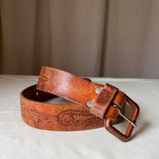 70s Hand-Tooled Brown Leather Belt Western Paisley Pattern 1.75" S/M