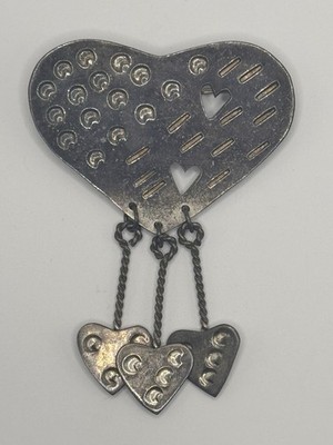 Handcrafted Vintage Taxco 925 Sterling Silver Hammered Heart Brooch TA-91 Dangle