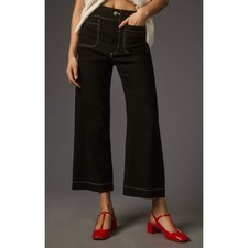 Anthropologie Colette Contrast-Stitch Cropped Wide-Leg Pants Maeve 28 Black NEW