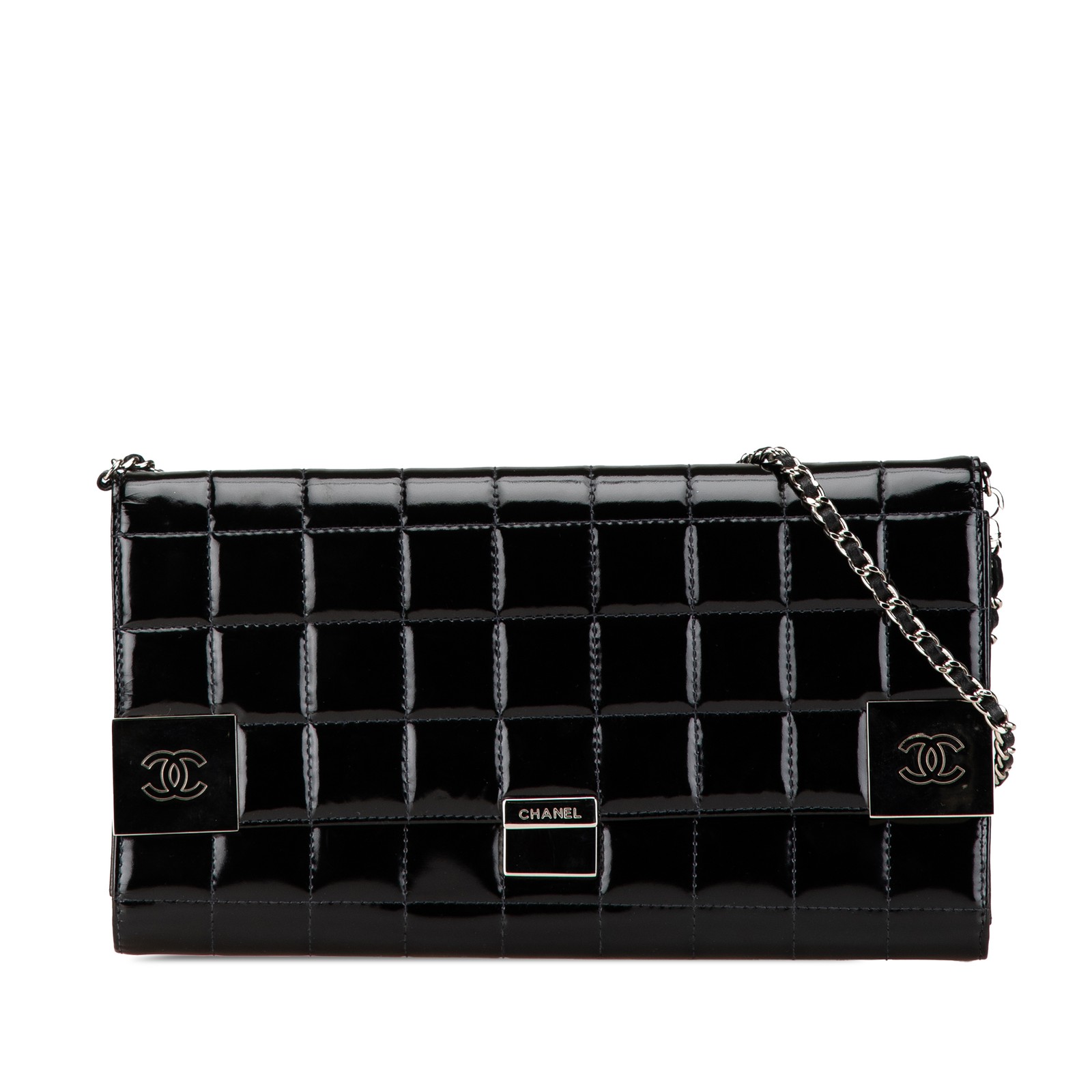 Chanel CC Chocolate Bar Patent Leather Clutch with Chain Strap