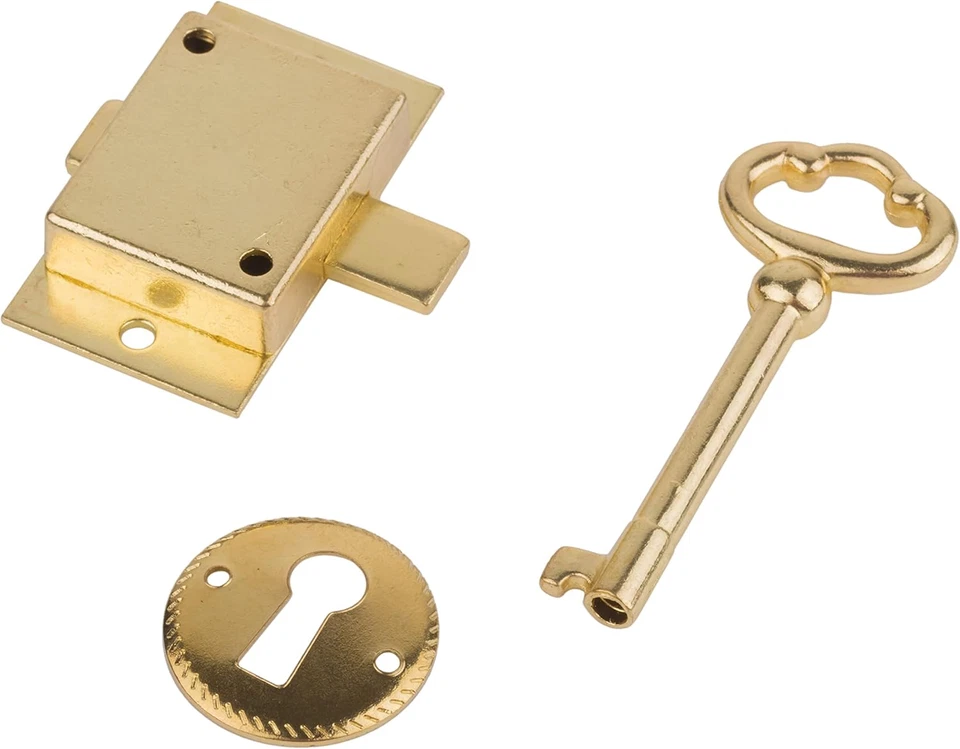 Cerradura de puerta de gabinete de montaje empotrado en latón pequeño con llave - 1" de ancho X 1 3/4" de alto Foto 3 de 4