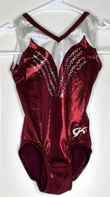 GK CS Gymnastics Dance Leotard Child Small Wine White Foil Hologram Sequins