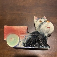 Vintage Ceramic Planter Scottish Terrier Dog Pulling Red Cart Wagon