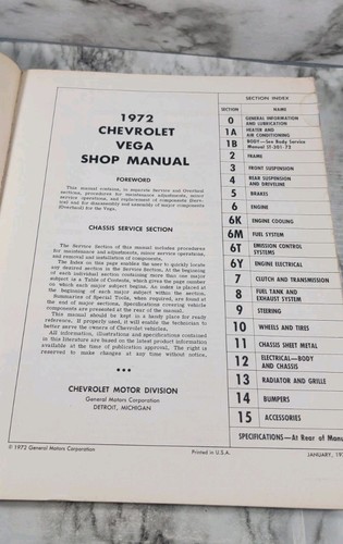 1972 Chevrolet Vega Shop Manual / Paperback - Foto 8 di 15