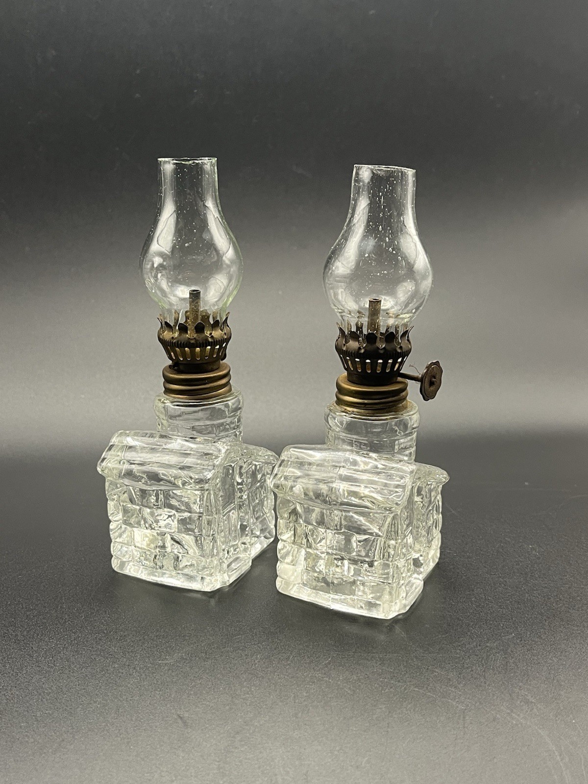 Pair Of Vintage Miniature Clear Glass House Oil Lamps