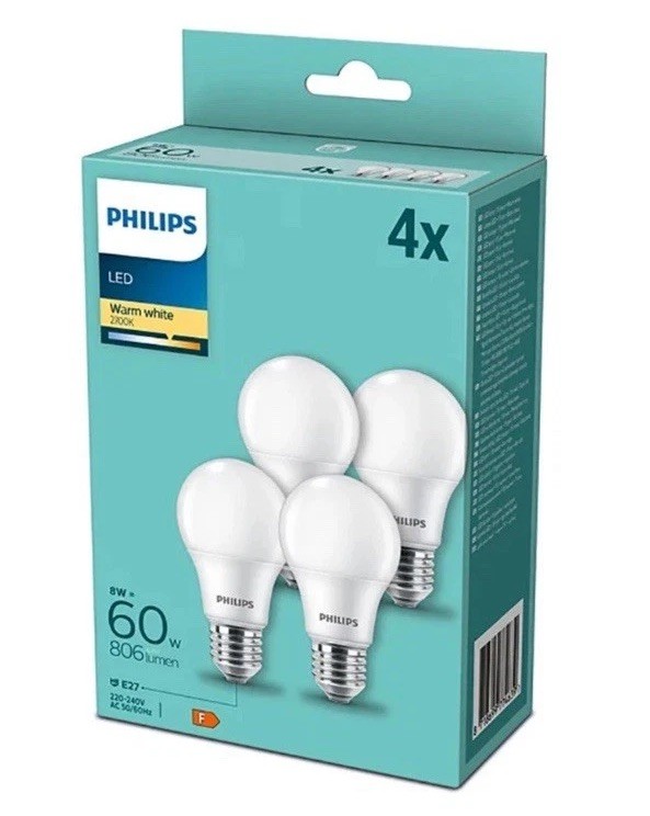 4 Pack Of Philips LED Bulb A60 8W = 60W E27 Frosted 806lm Warm White 2700K New