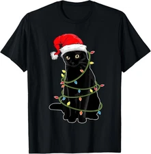 Christmas Cat Shirt For Men Black Cat Christmas Pajama Women T-Shirt