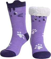 Cat Socks Fuzzy Slipper Socks for Women with Grippers, Cozy Warm Sherpa Lined Sl