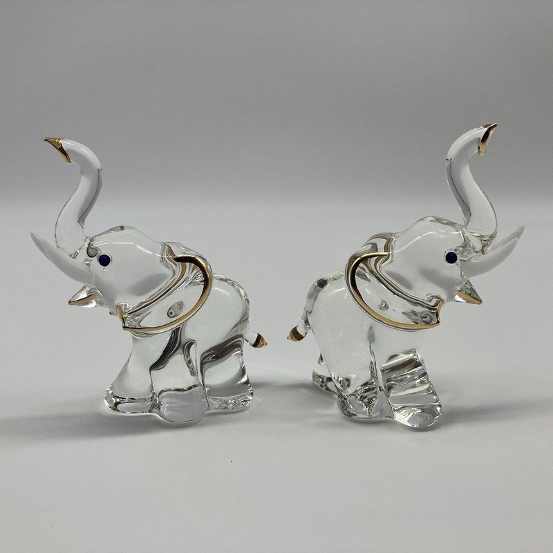 Glass Baron Crystal Elephant Figurines Pair Gold Accents - U17