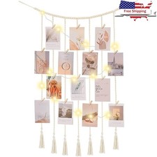 Boho Macrame Photo Display Wall Hanging W/ Fairy String Lights  Clips New