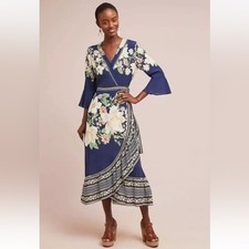 ANTHROPOLOGIE FARM RIO DE JANEIRO MIDNIGHT FLOWER WRAP DRESS SMALL