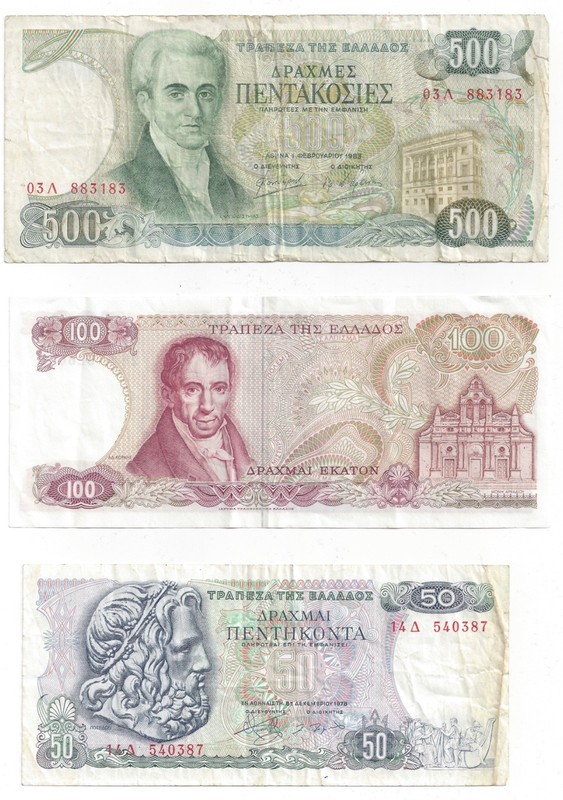 Greece 500 Drachma (1983), 100 Drachma (1978), and 50 Drachma (1978) Banknotes