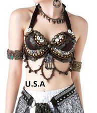 U.S.A Women Belly Dance Costume Beads Coins Carnival Tribal ATS Bra Top