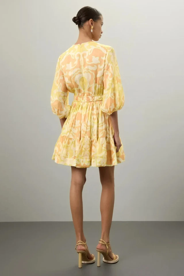 ALEXIS Capri Short Mini Dress Yellow Abstract Print 3/4 Sleeve, Size S, Rt. $598 - Image 3 of 4