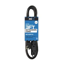 3 Ft Extension Cord with 3 Electrical Power Outlets - 16/3 Durable Black Cable