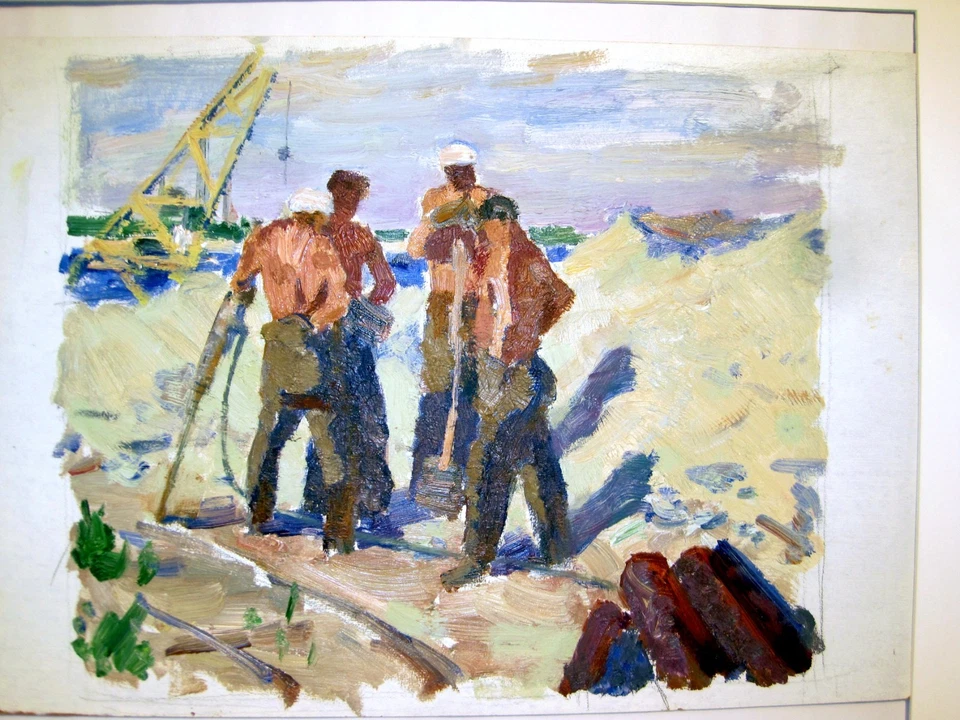 Russian SOCIAL REALISM PAINTING Signed Refinery Builders Workers Impressionism - Image 3 of 4