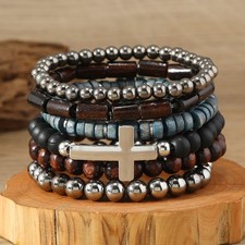 Men's 6pc Tribal Beaded Bracelets Set Vintage Ethnic Wood Multi Layer Cross