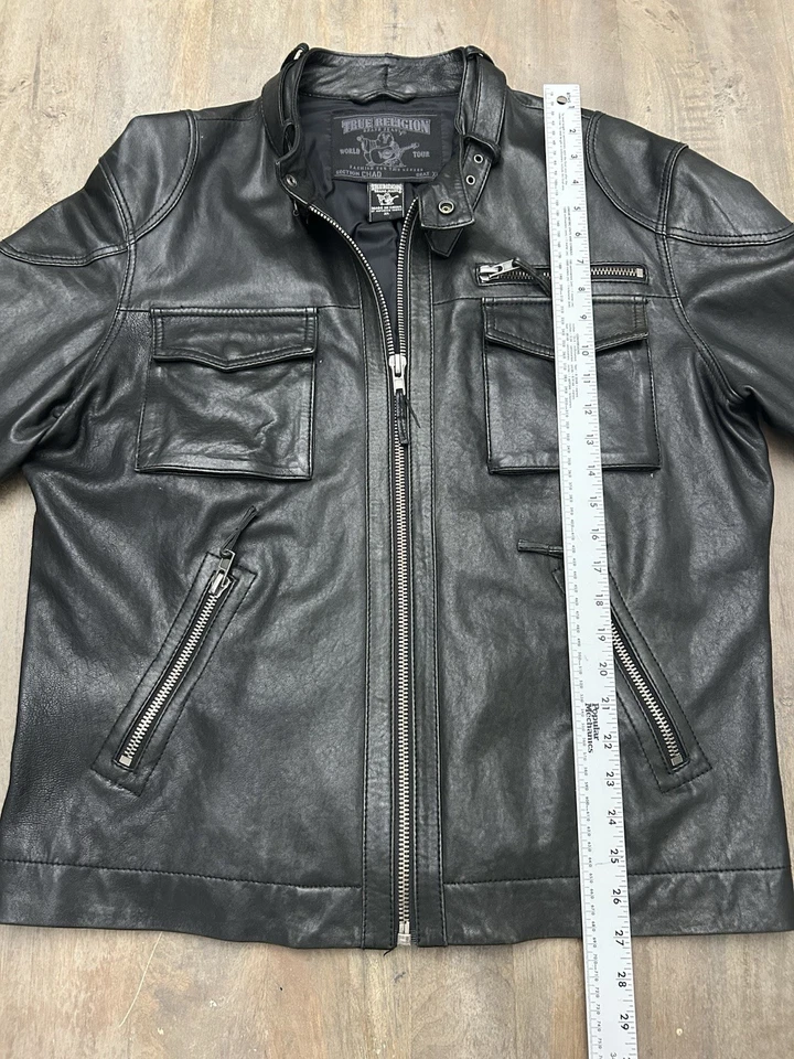 Chaqueta de Cuero True Religion Para Hombre XL Negra Piel de Cordero Motociclista Estilo RN112790 Foto 4 de 4