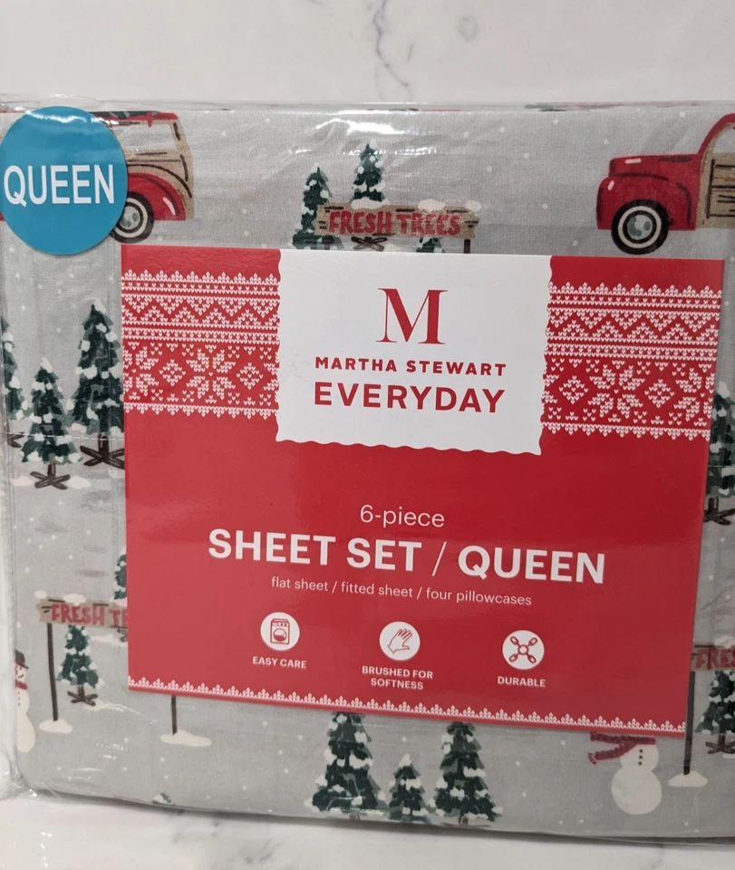 Conjunto de lençóis Rainha Martha Stewart árvores de Natal férias bonecos de neve 6 peças novo em pacote - Imagem 2 de 4