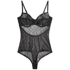 INC Women's XL Deep Black Logo Monogram Bodysuit 100174377 Lace Underwire