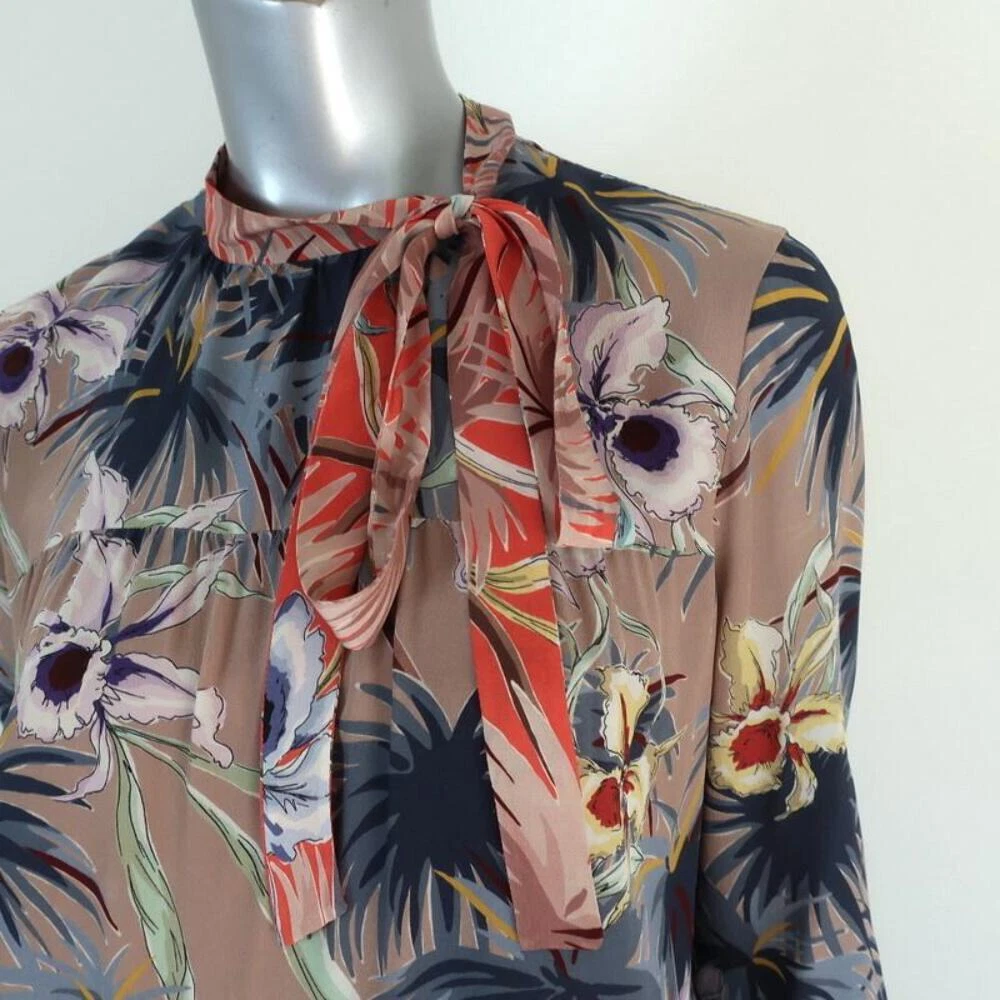 Abito Valentino cravatta scollo marrone stampa floreale seta taglia 8 manica lunga mini