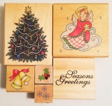 LOT OF 6 RUBBER STAMPS Christmas Seasons Greetings Angel Tree Bells Holly NEW