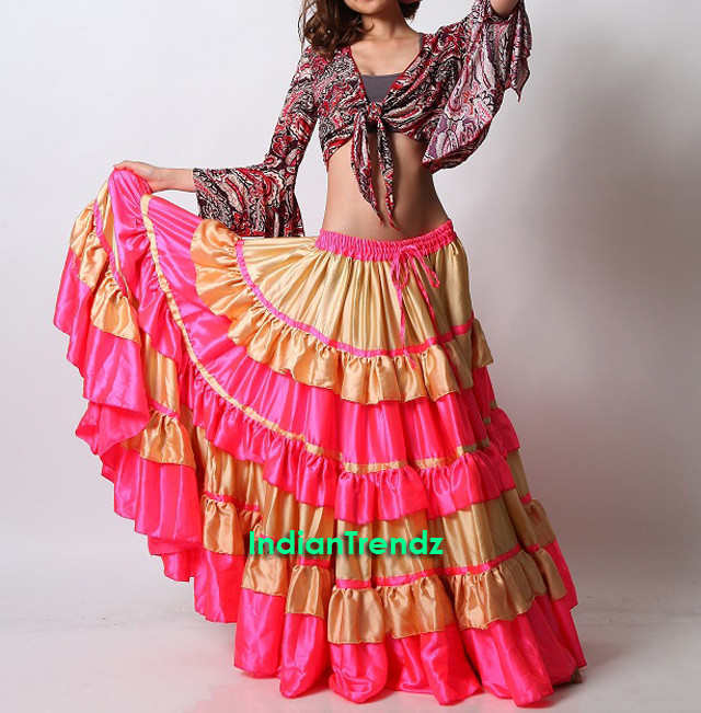 Satin Flamenco Jupes Ruche Asym Ventre Danse Gypsy Tenue de Différencié