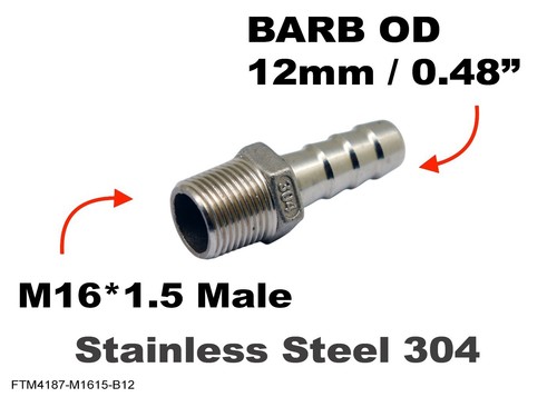 M16*1.5 MALE to BARB OD 12mm / 0.48" Stainless Tail Adaptor Hose - 第 1/2 張圖片