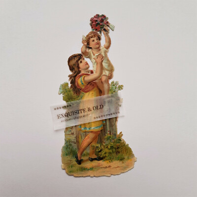 um 1900 Mädchen Kinder Garten Blumen Glanzbild Prägedruck Ephemera Luxuspapier