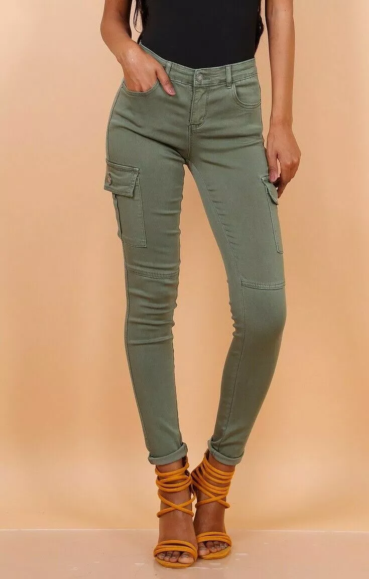 Ladies Cargo Pants Skinny Stretch Womens Jeans khaki Sizes 6 8 10 12 14