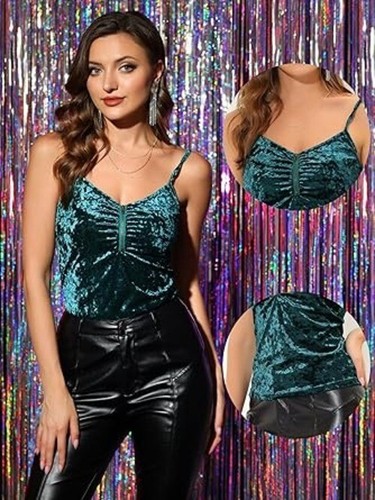 Allegra K Party Camisole Top for Women s Christmas Costume Velvet Camisole Zip - Picture 2 of 6