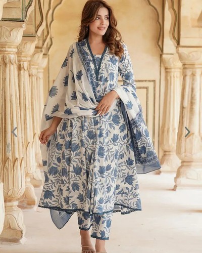 Indian Women Kurtis For Women Anarkali Cotton Long Flared Kurta Dupatta Set New - Picture 4 of 8