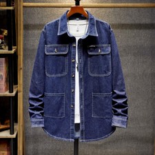 Men Denim Shirts Blouse Workwear Casual Multi-pocket Tops Retro Cotton Summer