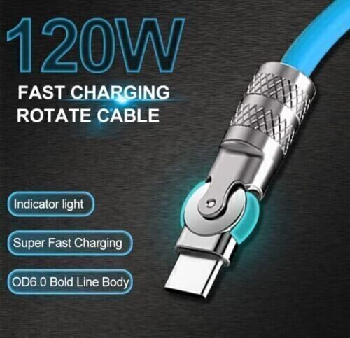Usb Type C Data Cable 180 Degree Rotating 120w 6A Fast Charging 1.5M