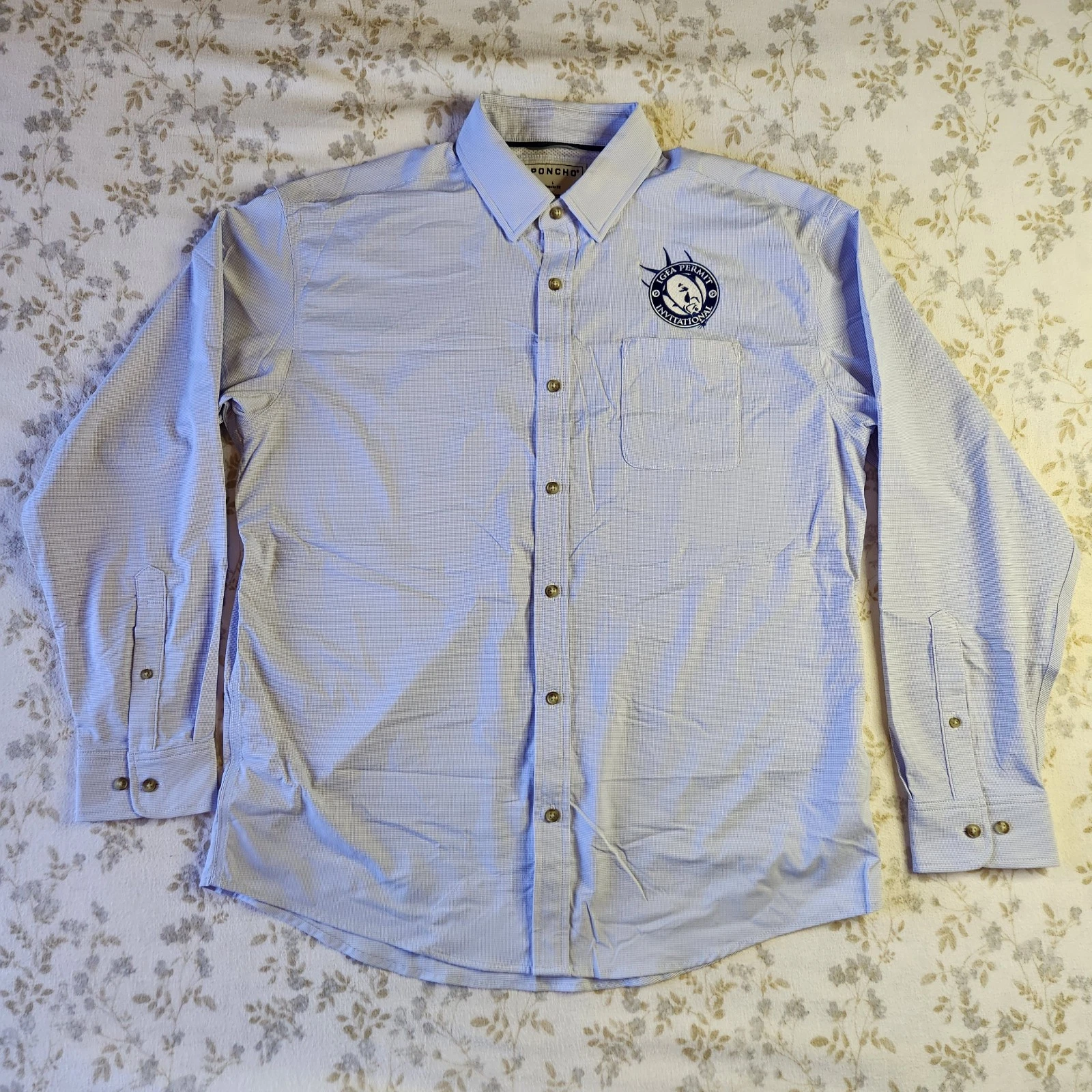 Poncho Shirt Mens Large L Blue Plaid Button Long Sleeve Stretch Embroidered IGFA