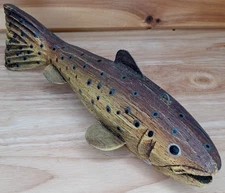 Hand Carved Wood Trout Decoy Fish Decor Estate Find Painted Folk Art Piece 8in