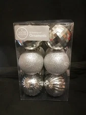 NIP, Winter Wonder Lane Brand, 12 Silver Shatterproof Ball Ornaments, 3 Designs