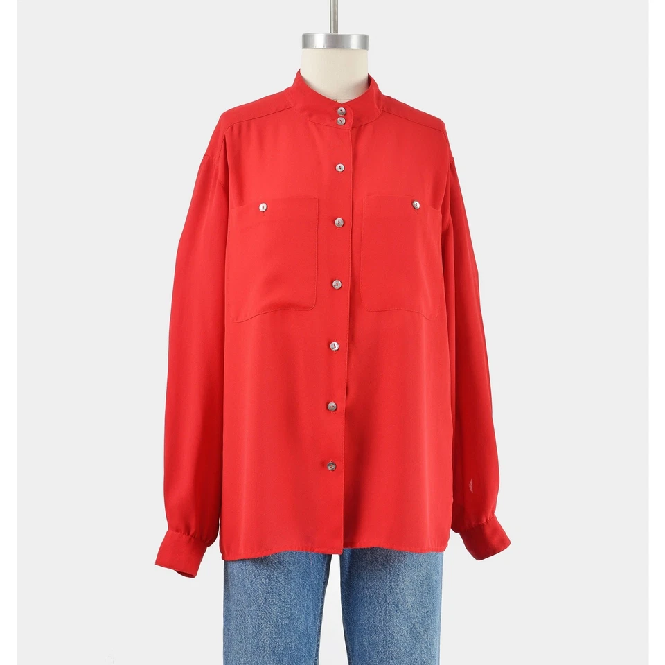 Blusa Vintage Años 90 Roja Con Botones Semi Transparente Mini Gran Tamaño Camisa M Foto 4 de 4